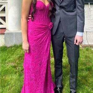 Fuchsia Lace Strapless Evening Gown